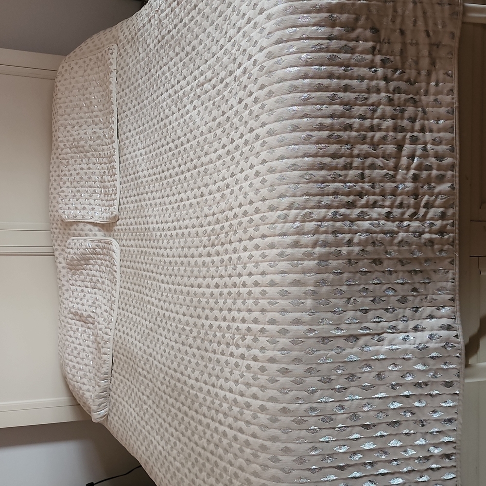 Cream colored metalic accented queen bedspread with two standard shams